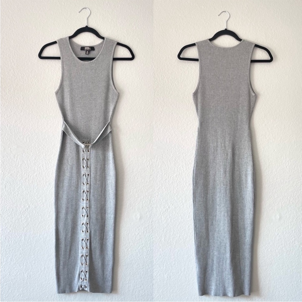 Hera Collection Grey Ribbed Knit Sleeveless Lace Up Belted Bodycon Dress